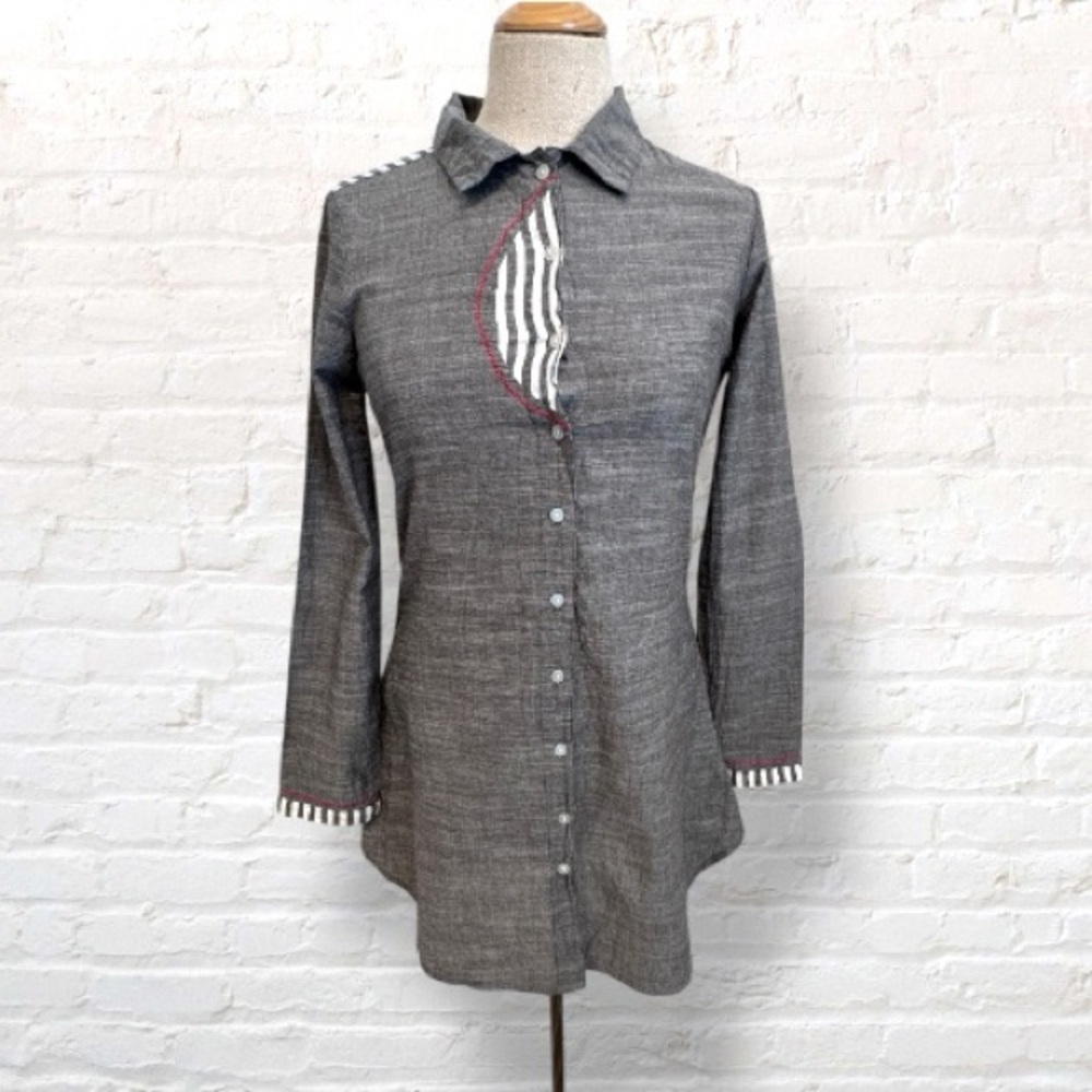 Anouk Gray Button-Down Tunic Shirt Dress with Stripe Accent - 100% Cotton